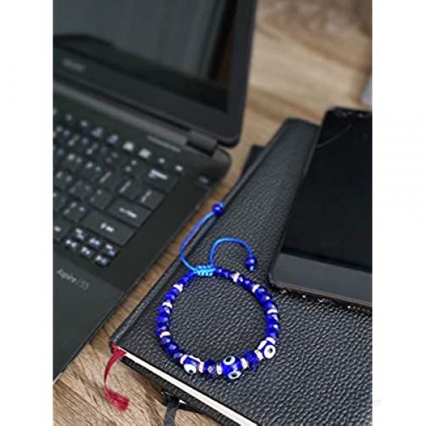 LUCKBOOSTIUM - Lucky Blue Evil Eye Charm Bracelet Evil Eye Represents The All Seeing Eye of God Symbol with Glass Beads on Necklace with Silver spacers Beautiful Accessory 3” x 3”