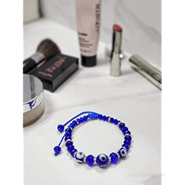 LUCKBOOSTIUM - Lucky Blue Evil Eye Charm Bracelet Evil Eye Represents The All Seeing Eye of God Symbol with Glass Beads on Necklace with Silver spacers Beautiful Accessory 3” x 3”