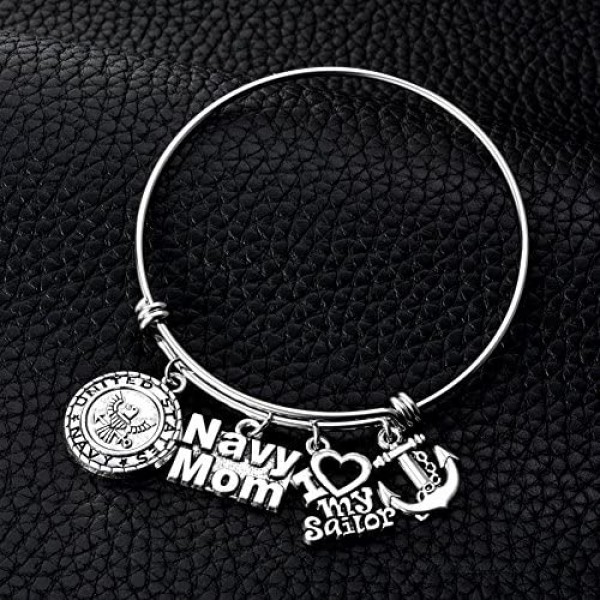 Miss Pink US United States Navy Mom Bracelet Expandable Wire Bangle I Love My Sailor Charm Birthday Jewelry Gifts for Women