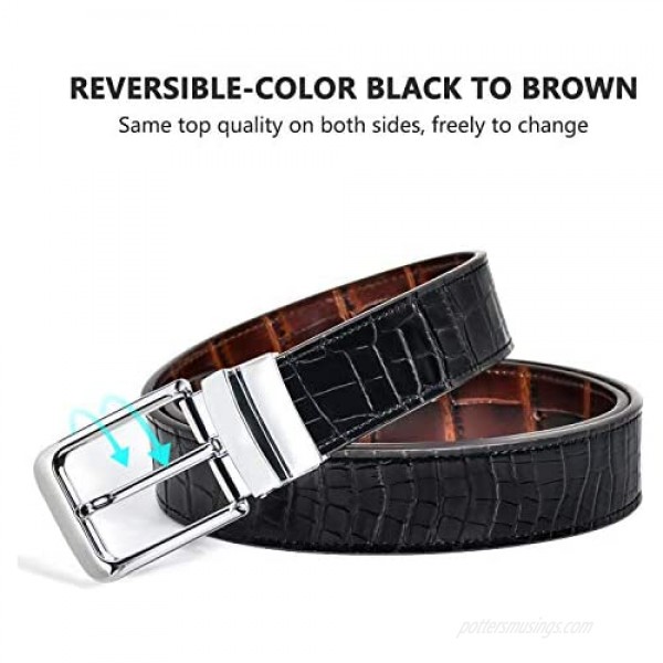 2 Pack Belts for Men Reversible-Mens Belt Cowhide Crocodile Leather Belt Genuine