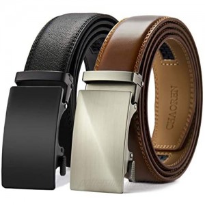 Chaoren Leather Ratchet Belt 2 Pack Dress with Click Sliding Buckle 1 3/8 in Gift Set Box - Adjustable Trim to Fit