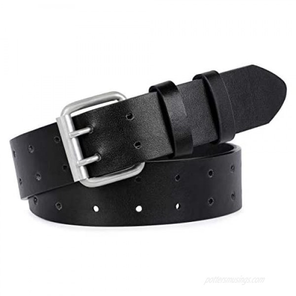 Double Prong Leather Belt Heavy Duty Belt for Men Double Grommet Holes Belt for Pants