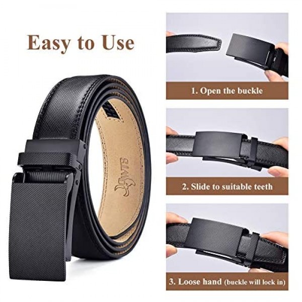 DWTS Mens Belts Real Genuine Leather Ratchet Dress Belt with Slide Click Buckle Adjustable Trim to Fit Elegant Gift Box