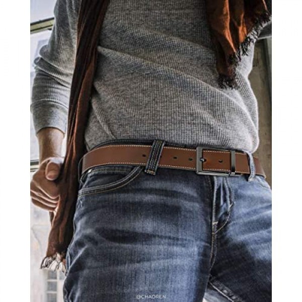 Mens Reversible Leather Belt 1 3/8 Chaoren Mens Belts for Jeans Black & Brown with Not-Pull-Rotated Buckle Trim to Fit