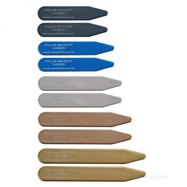 COLLAR AND CUFFS LONDON - 10 Metal Shirt Collar Stiffeners - 5 COLOURS 5 SIZES - 2 2.2 2.35 2.5 2.8 - Silver Black Gold Blue Rose Gold Colours - With Plastic Storage Box - 5 pairs