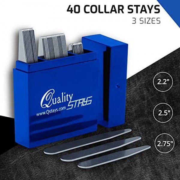 Metal Collar Stays for Men – 40 Dress Shirt Collar Stays for Men 3 Sizes in a Divided Sapphire Box by Quality Stays